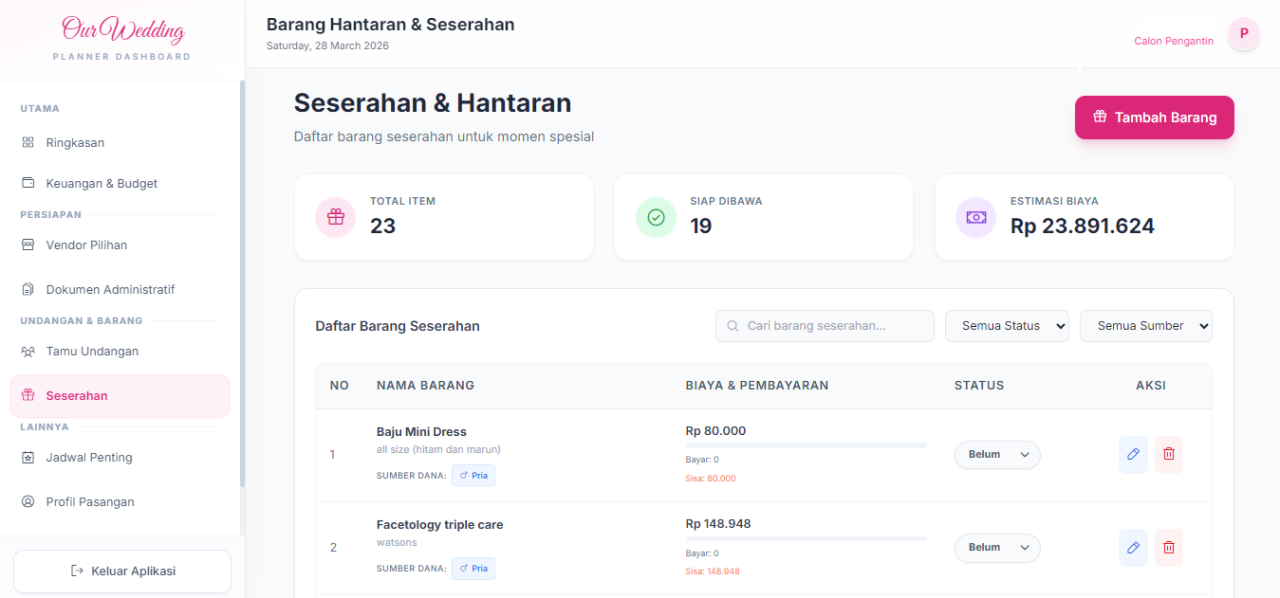 Galeri Pernikahan: Fitur Data Seserahan